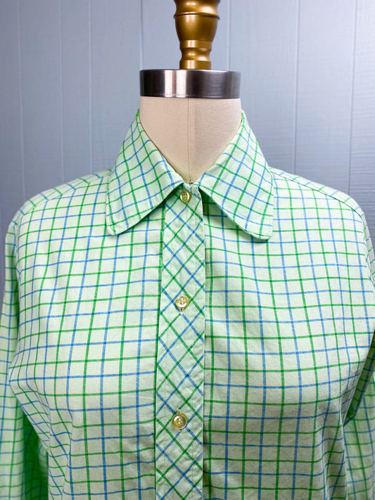 50s/60s Mint Green Windowpane Long Sleeve Blouse | XS/S