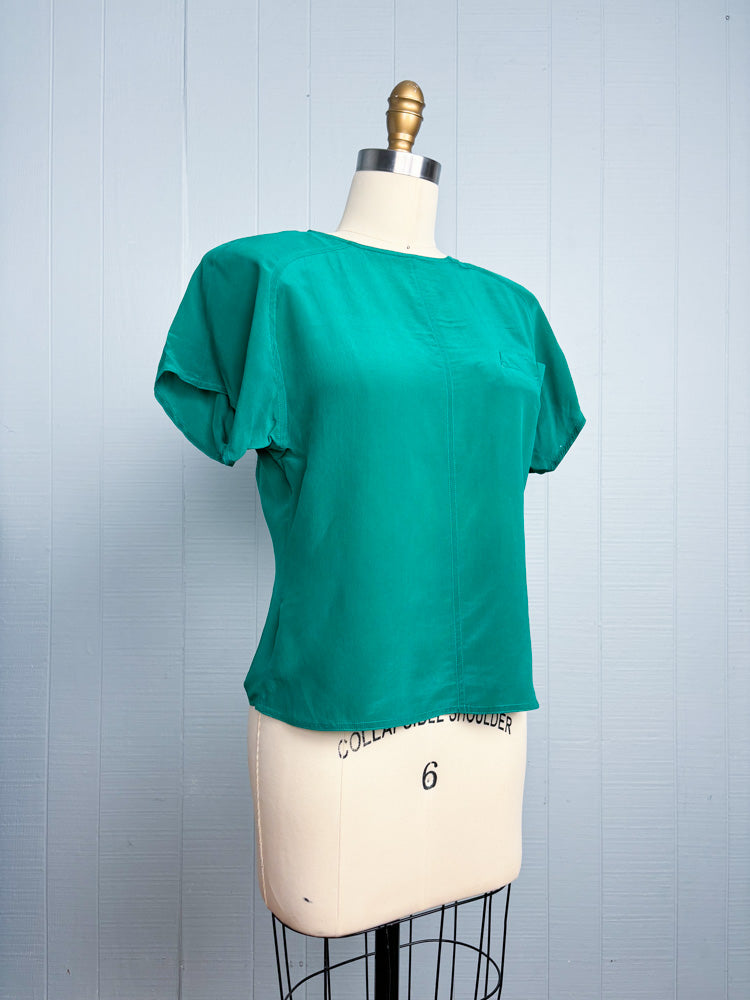 80's Silk Kelly Green Short Sleeve Blouse