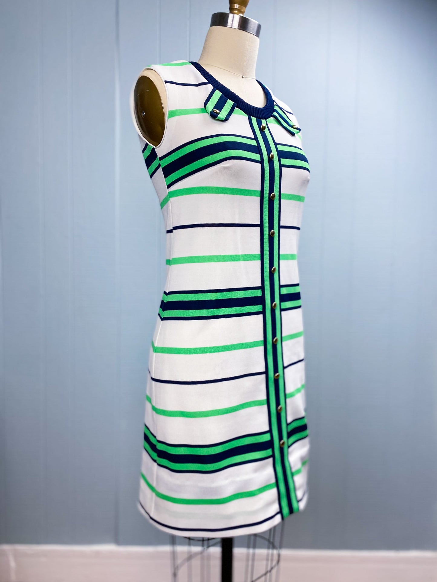 70's White, Lime & Navy Stripe Dress | XXS/XS