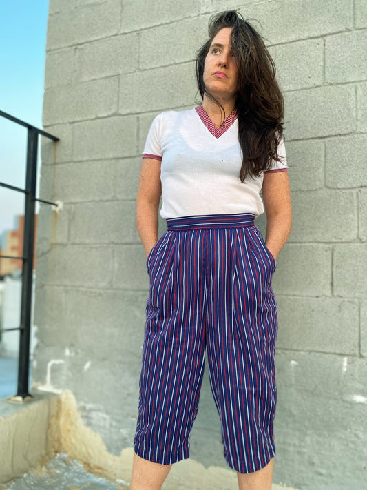 50s 60s Jantzen Navy Stripe Wide Crop Pant | 28"