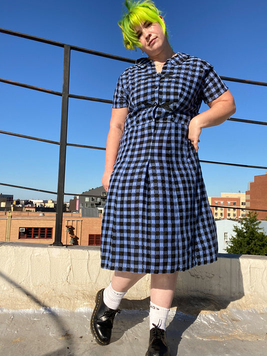 50s Blue Black Check School Dress | XL/XXL