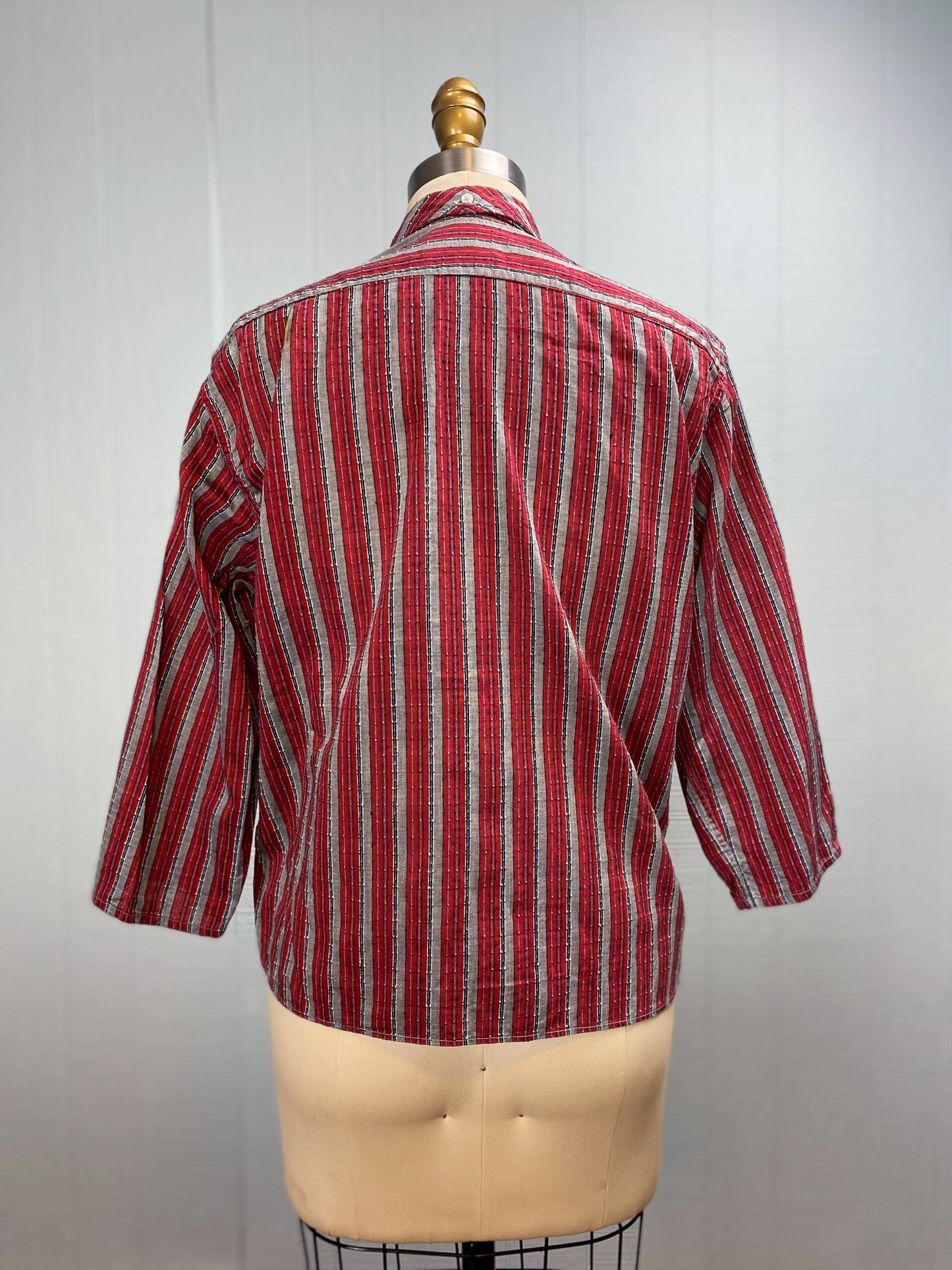 50's Red & Grey Vertical Textured Stripe Button Down Oxford Wash n' Wear Blouse | M/L