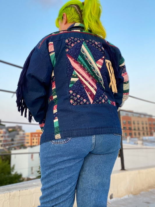80s Patchwork & Fringe Denim Jacket