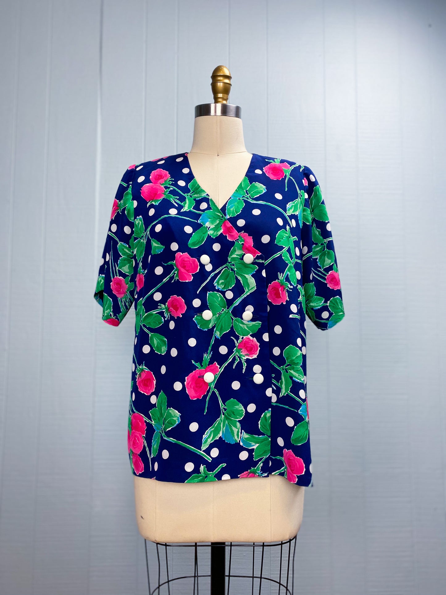 80's Navy Polka Dot Floral Blouse Giga's Creations | L/XL