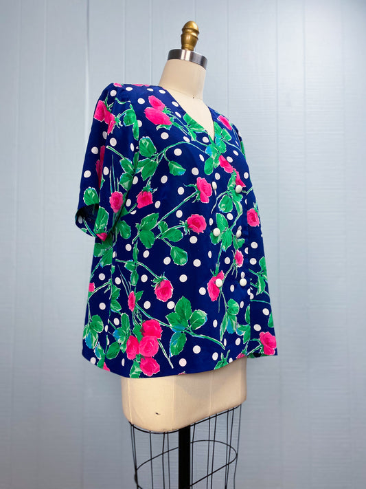 80's Navy Polka Dot Floral Blouse Giga's Creations | L/XL