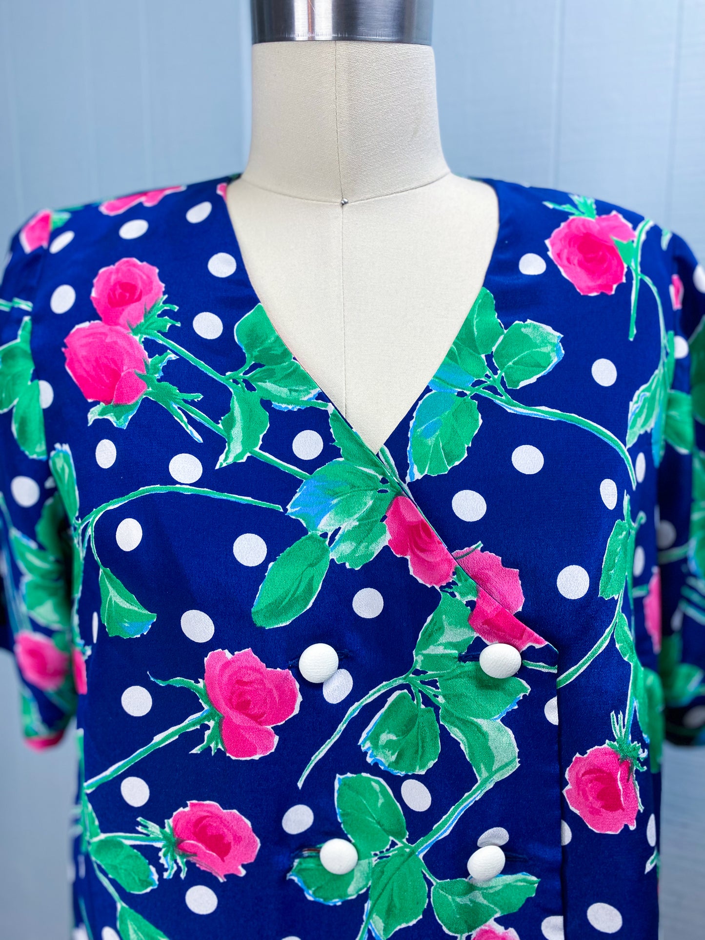 80's Navy Polka Dot Floral Blouse Giga's Creations | L/XL