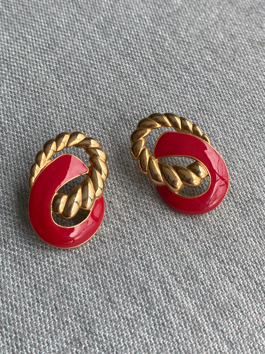 80's Red & Gold Interlocked Rope Pierced Earrings