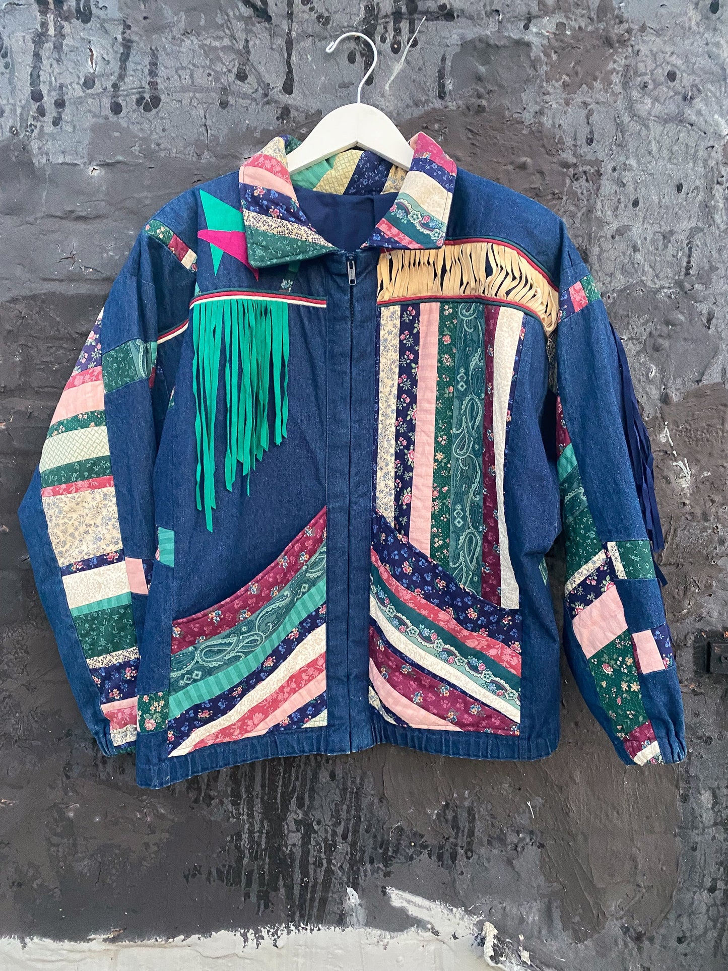 80s Patchwork & Fringe Denim Jacket