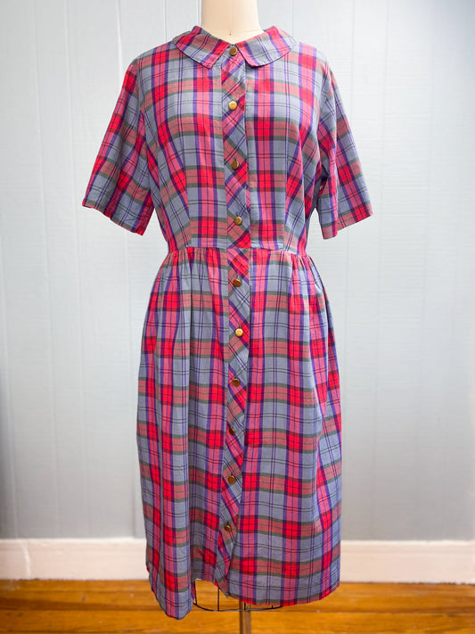60's Red & Purple Plaid Peter Pan Dress | L/XL