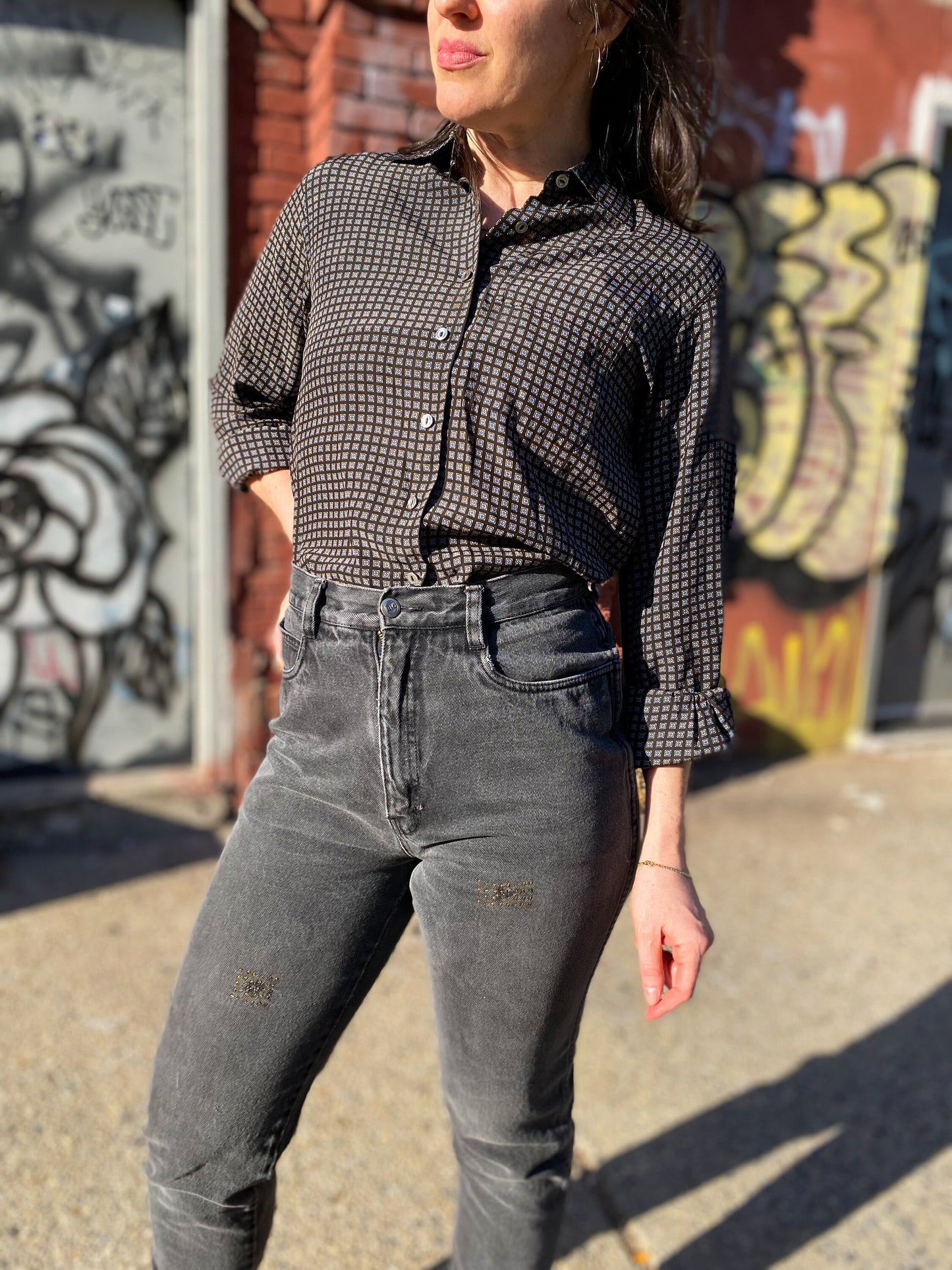 70's/80's YSL Black Patterned Blouse | XS/S
