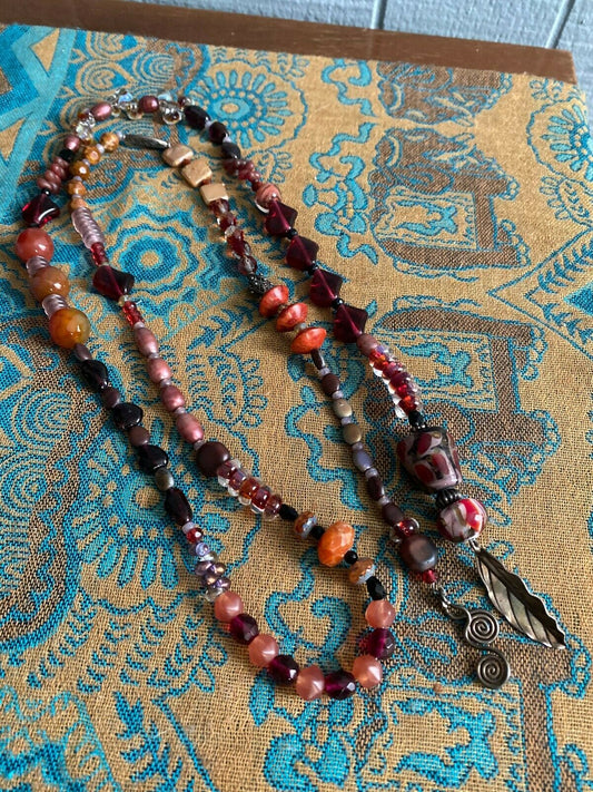 Amber & Pink Glass Pearl Bead Lariat Necklace