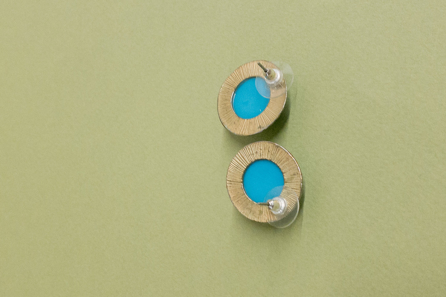 Teal Blue Domed Button Gold Rimmed Pierced Post
