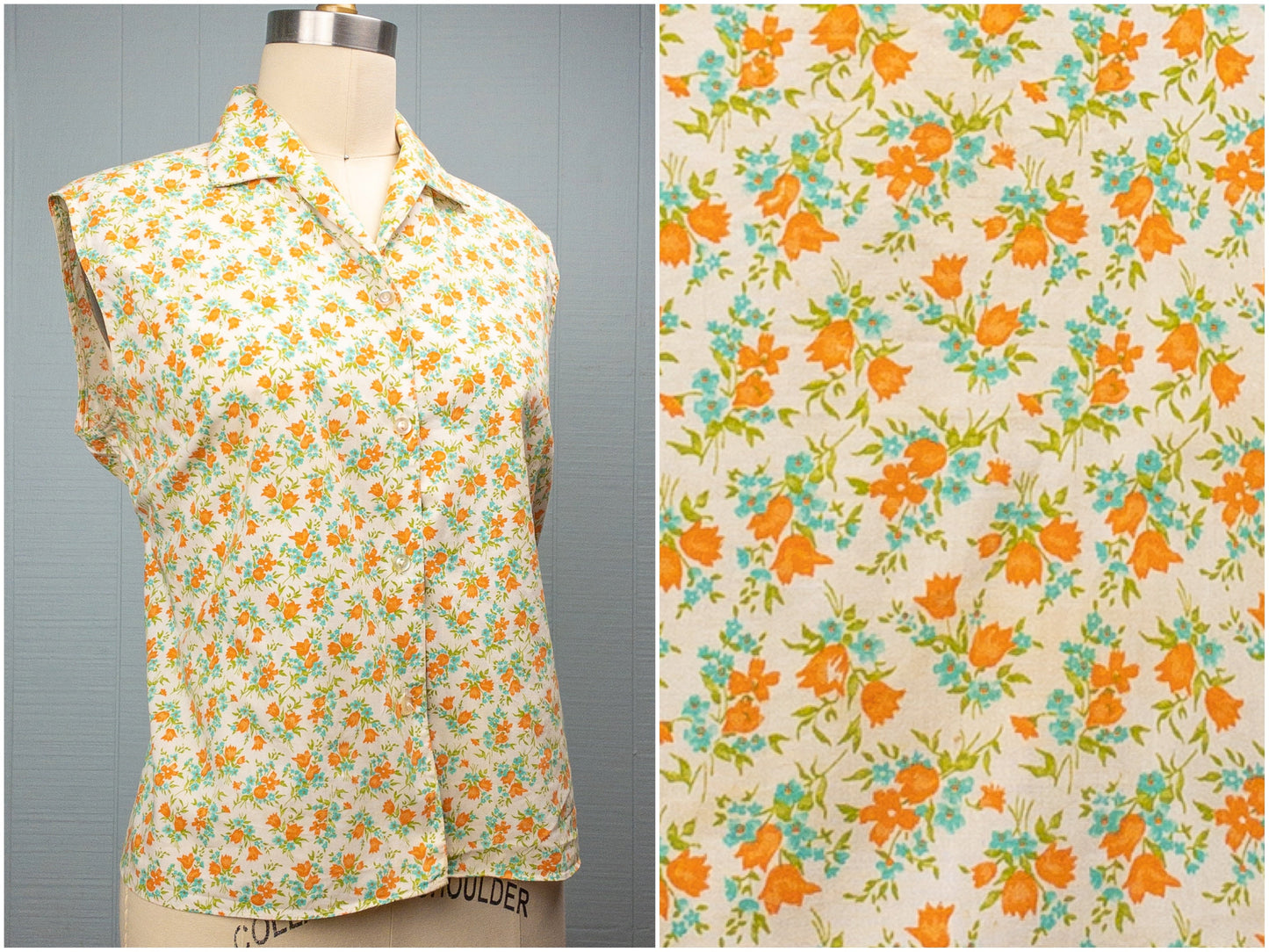 60's Orange & Teal Tulip Sleeveless Shirt | M/L