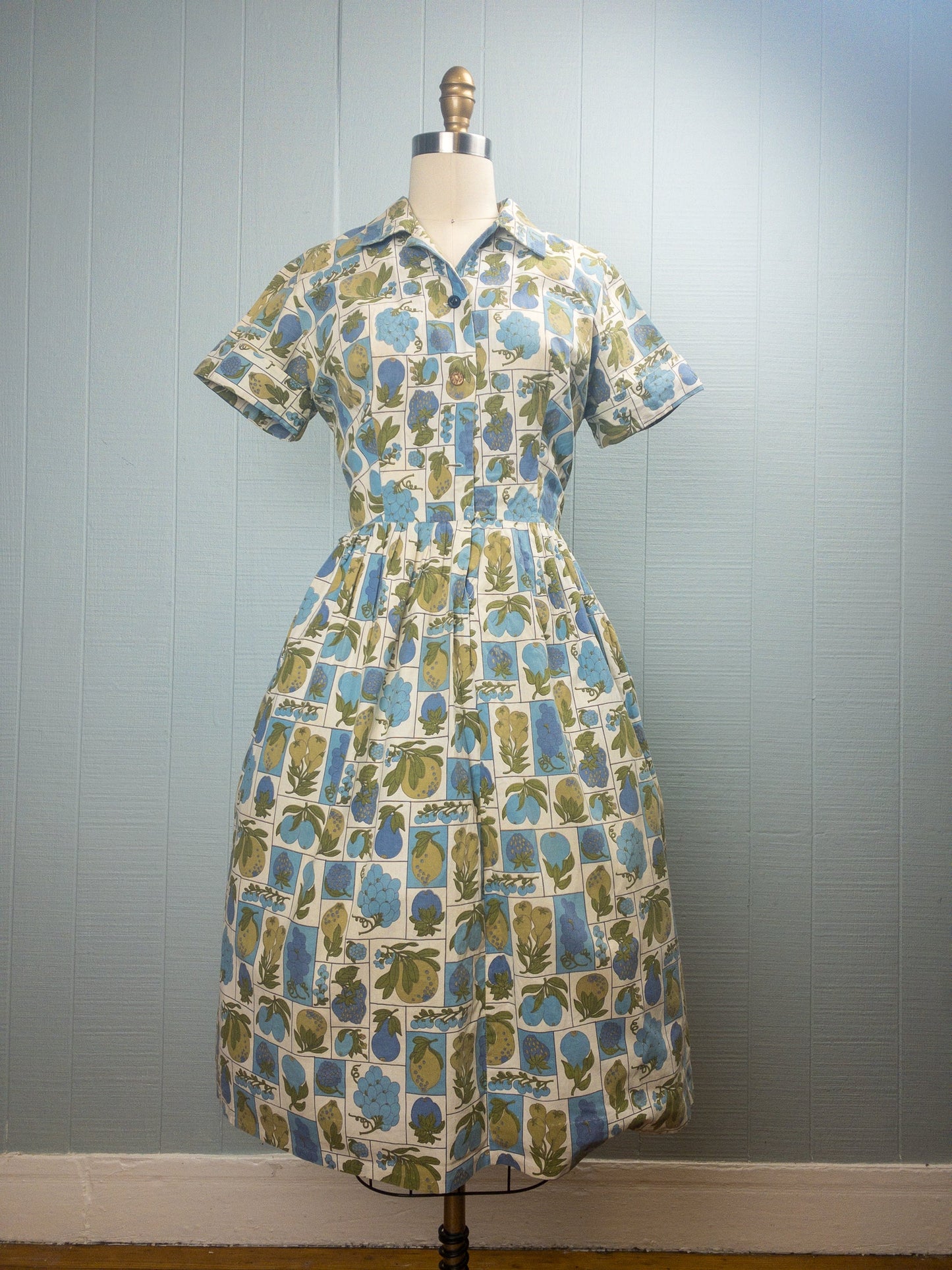 50s 60s Fruits in Blue Shirt Dress | S/M