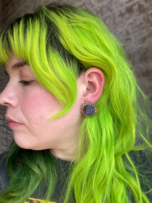 Navy Swirl Enamel Filigree Gold Pierced Post