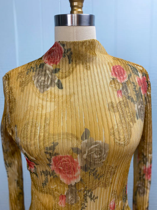 Metallic Gold Sheer Pleated Floral Rose Top Callipygian NWT Mockneck Turtleneck