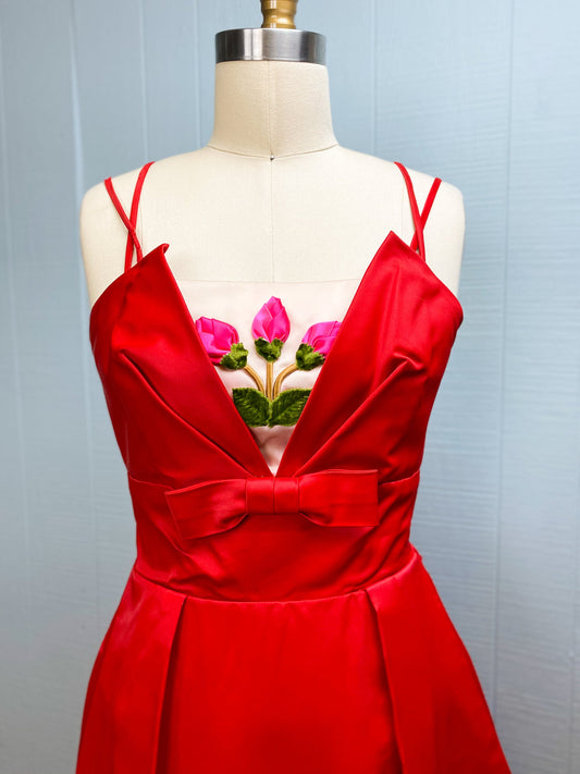 50s 60s Red Tulip Dress | XXS/XS