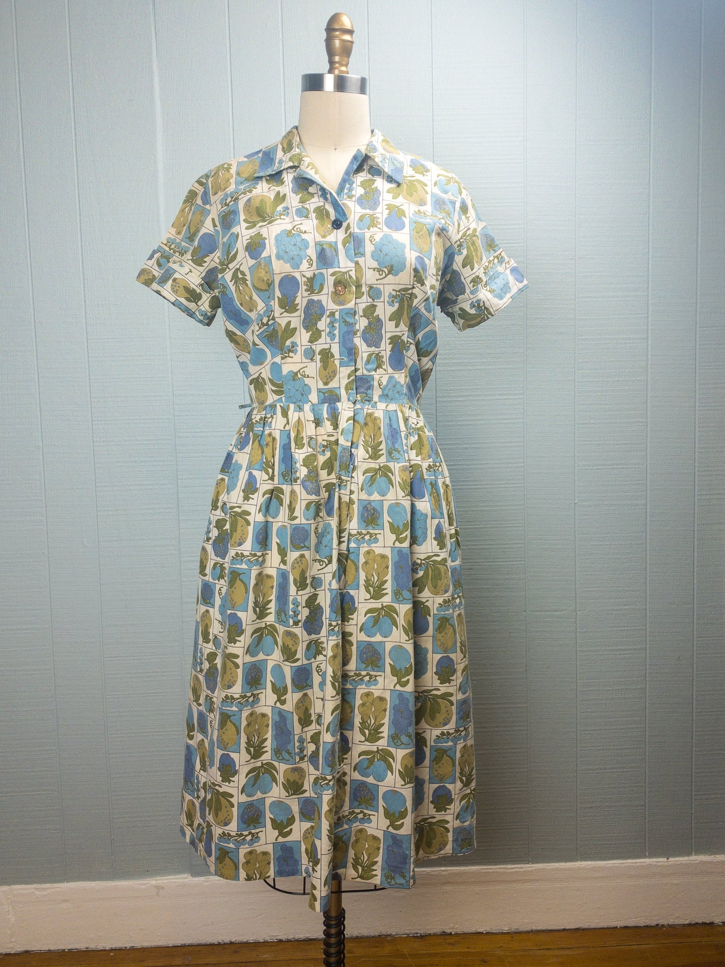 50s 60s Fruits in Blue Shirt Dress | S/M