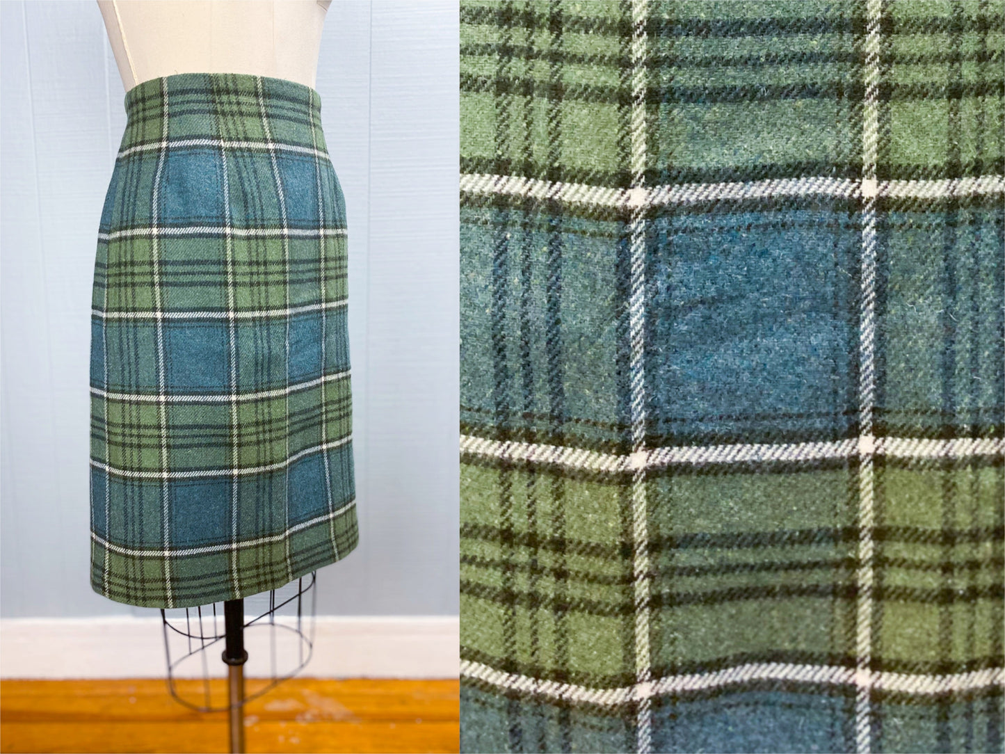 90's JG Hook Green Blue Plaid Wool Blend Pencil Skirt | W 30"