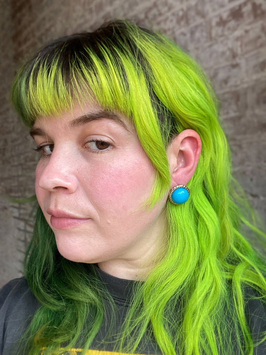 Teal Blue Domed Button Gold Rimmed Pierced Post