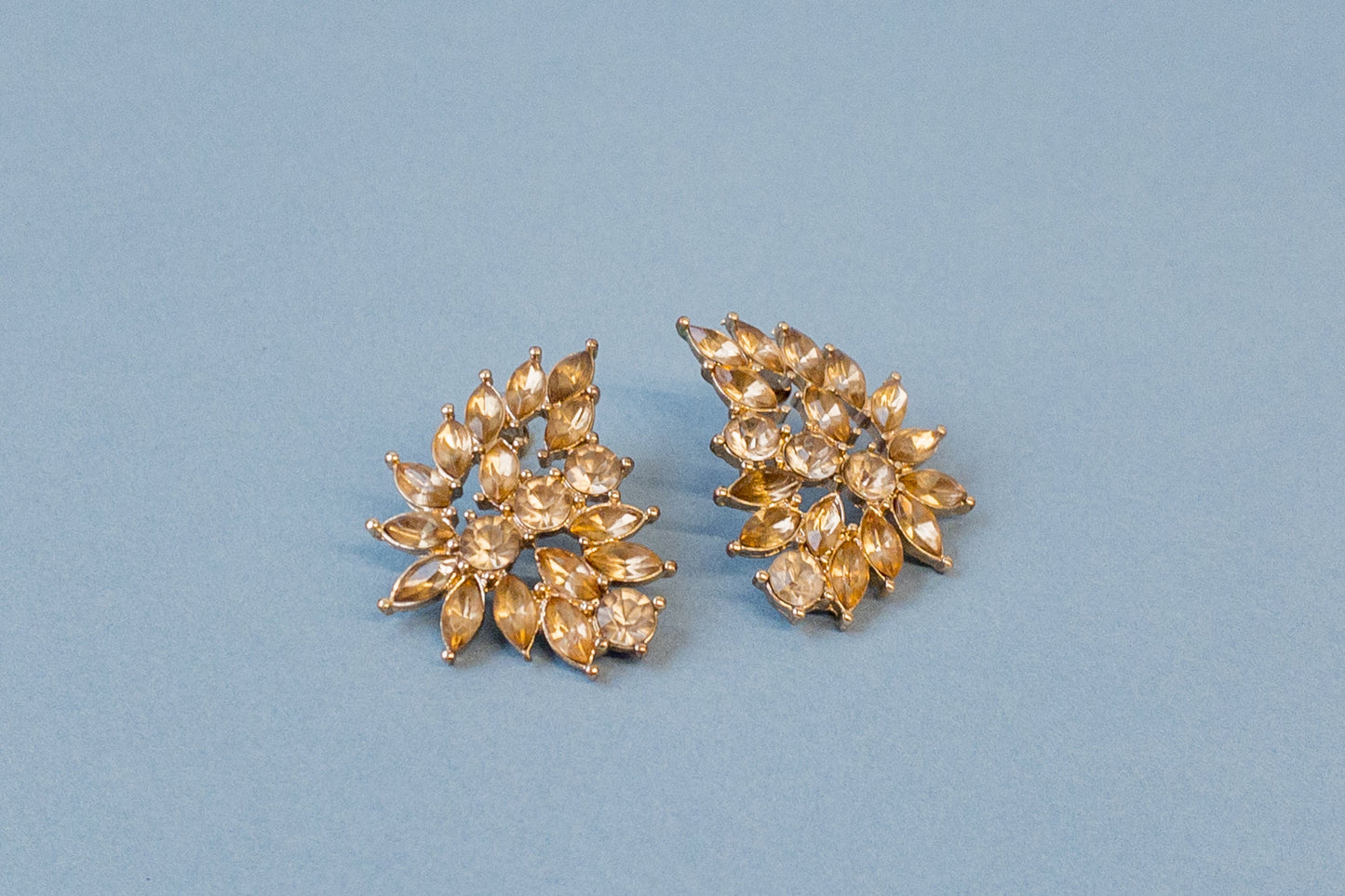 Champagne Rhinestone Leaf Gold Statement Earring Pierced Post