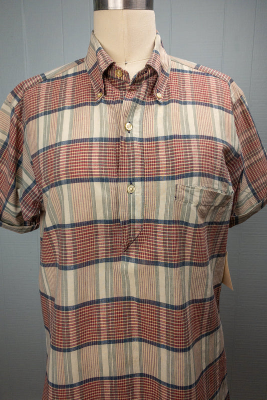 60's Red & Grey Madras Pullover Henley | M