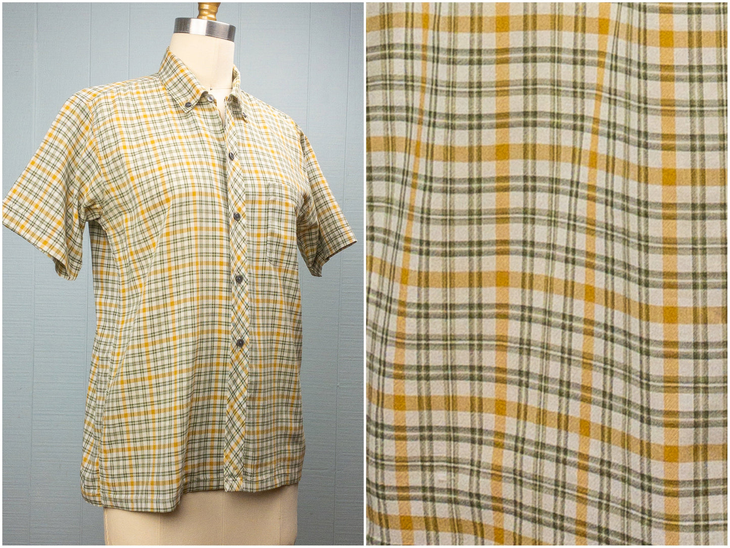 50's 60's Green & Yellow Plaid Button Down Shirt | M