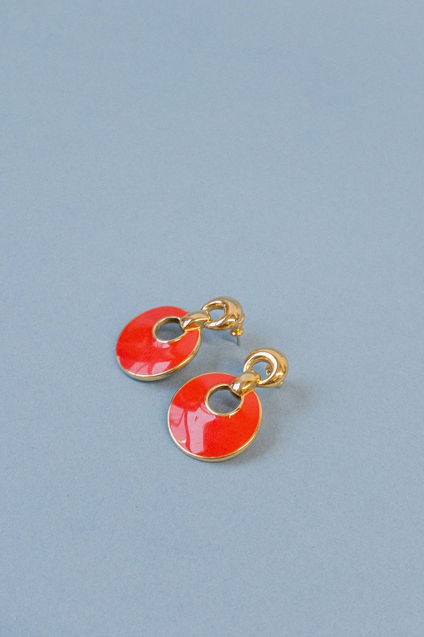 Enamel & Gold Brick Red Disc Earrings