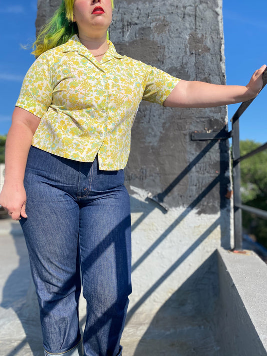 60's Lemon Lime Floral Button Shirt | M/L