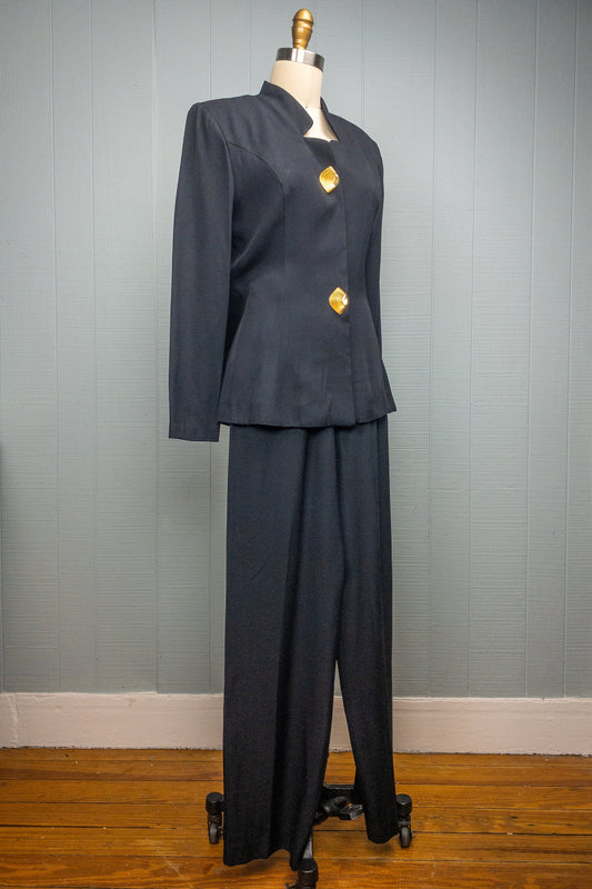 80's Black Crepe Pant Suit Virgo II Gold Statement Button