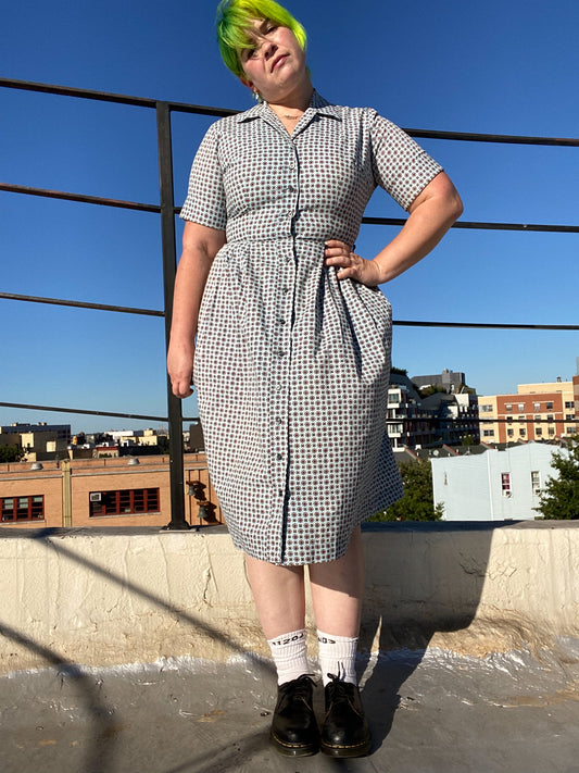 50s Pale Blue Ditsy Shirt Dress M/L