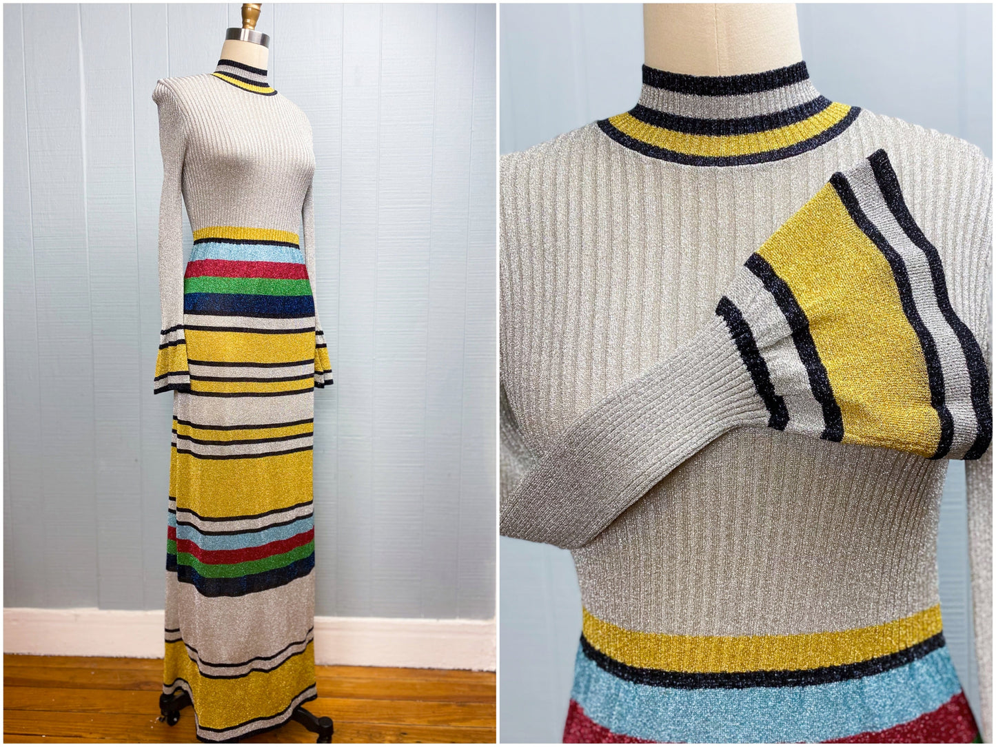 70's Lurex Silver Rainbow Maxi Dress