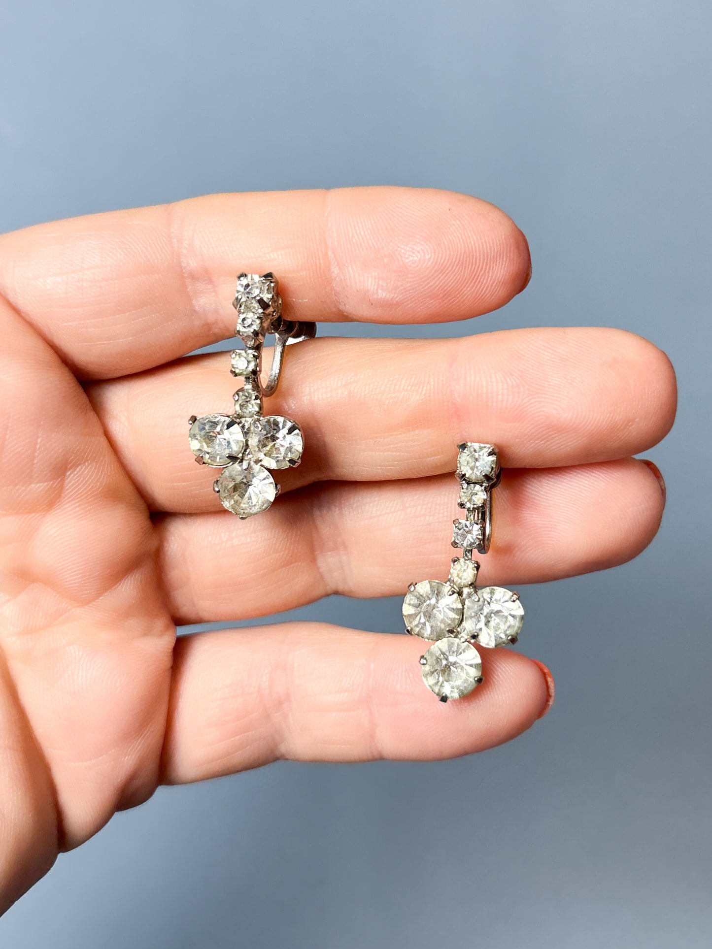 50's 60's Rhinestone Clover Dangle Screw Backs Earrings