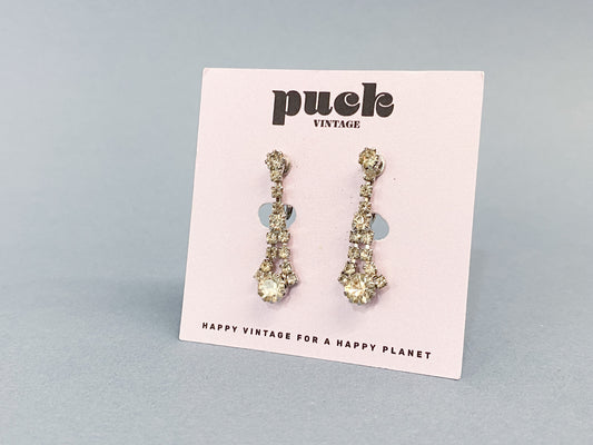 Glitzy Rhinestone Crystal Tear Drop Dangle Vintage Clip On Earrings