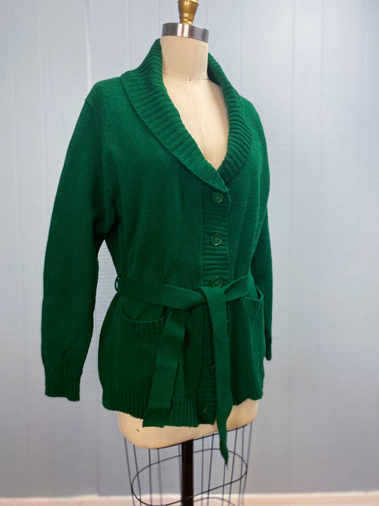 70s 80s Forest Green Shawl Collar Belted Cardigan