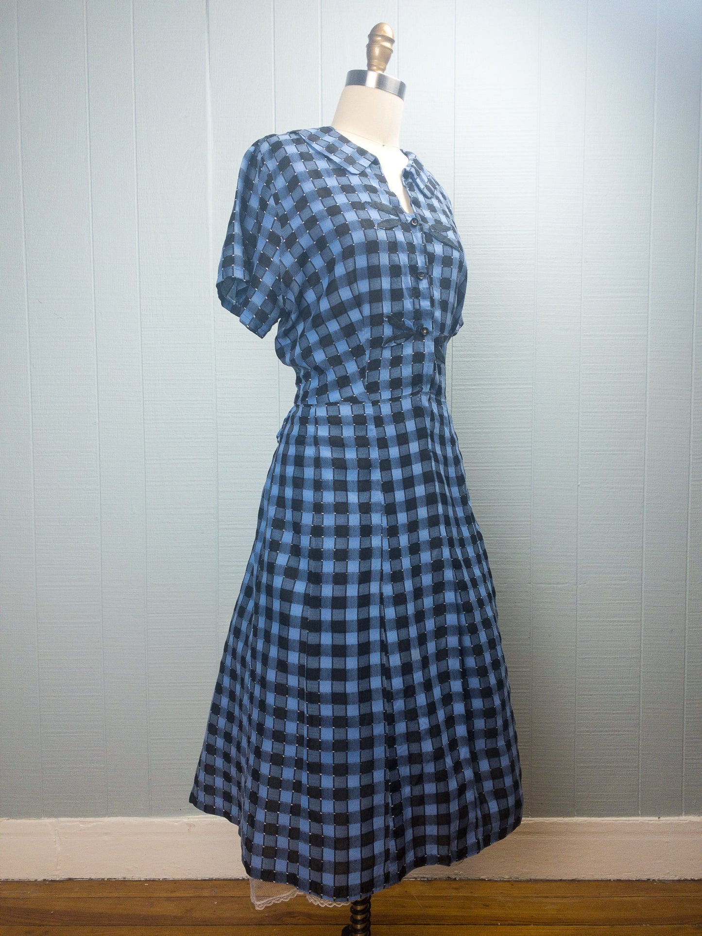 50s Blue Black Check School Dress | XL/XXL