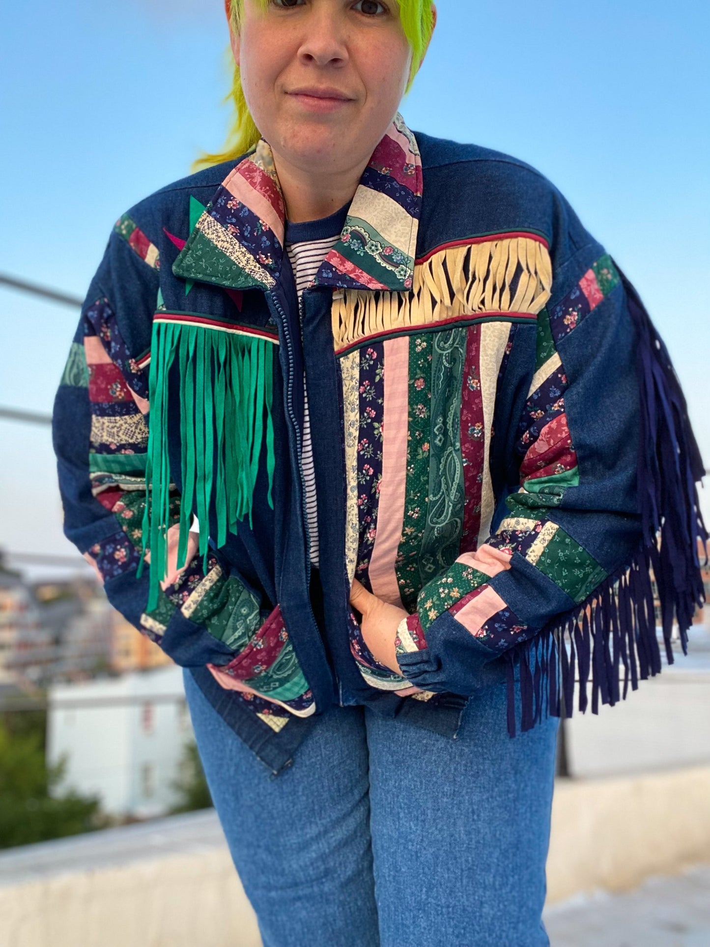 80s Patchwork & Fringe Denim Jacket