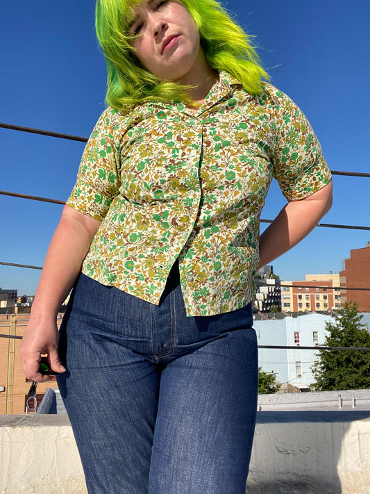 60's Jade & Mustard Floral Blouse | M/L