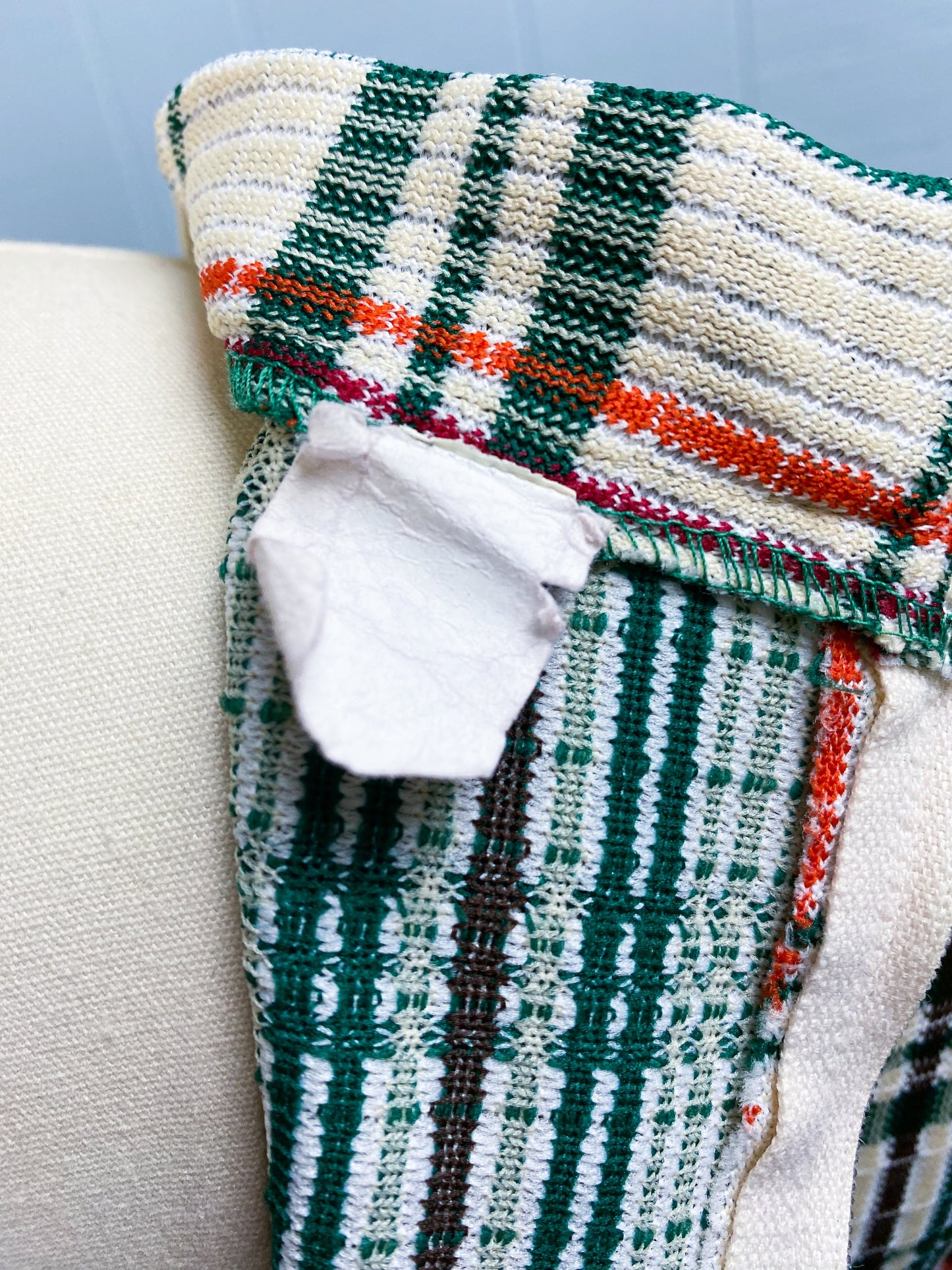 70's Cream Green Orange Plaid V Neck Poly Vest | L