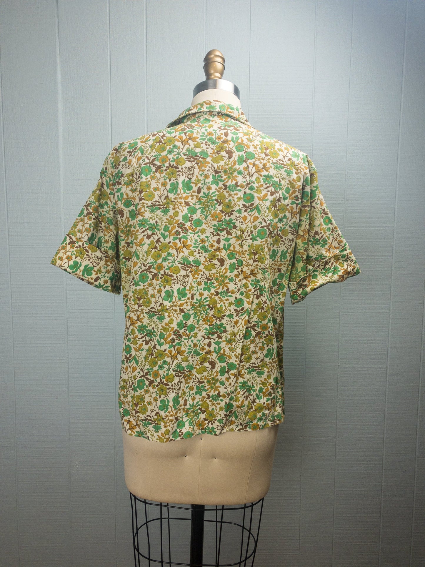 60's Jade & Mustard Floral Blouse | M/L