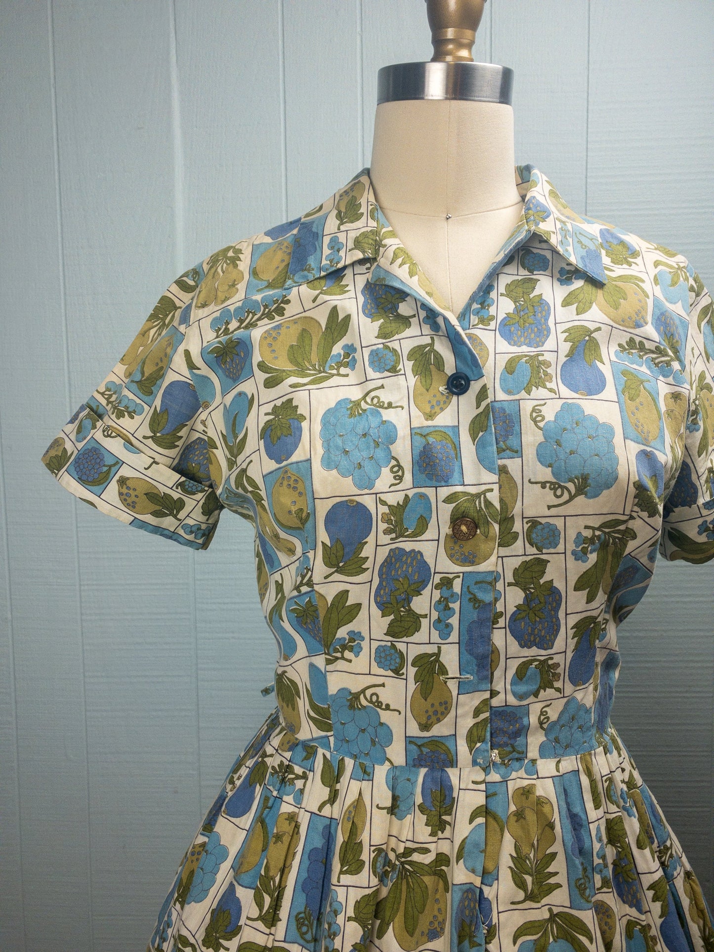 50s 60s Fruits in Blue Shirt Dress | S/M