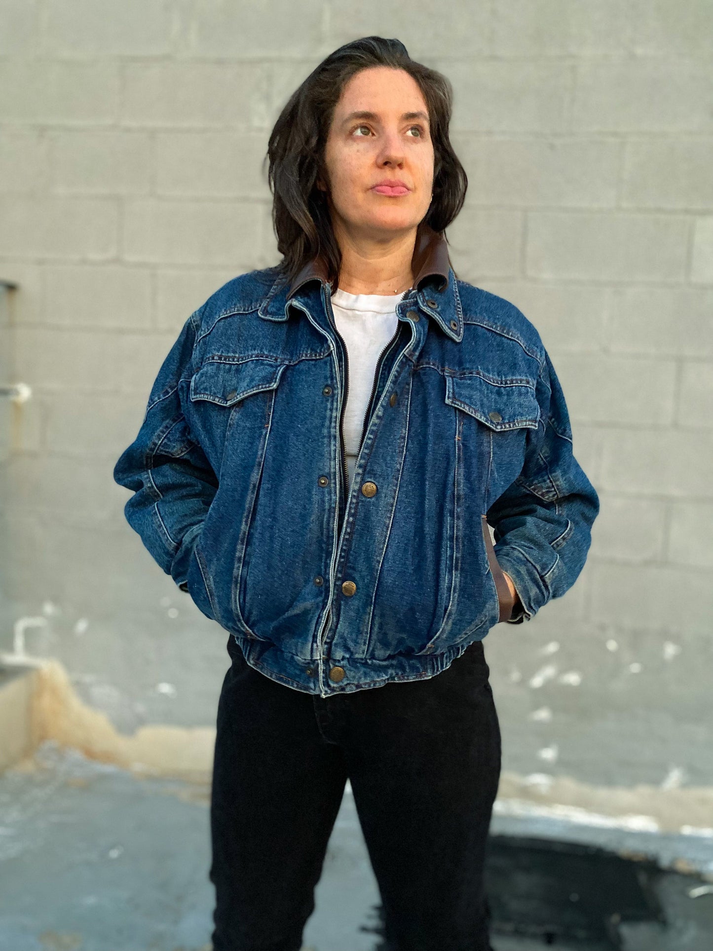 80's Denim Bomber Brown Leather Collar