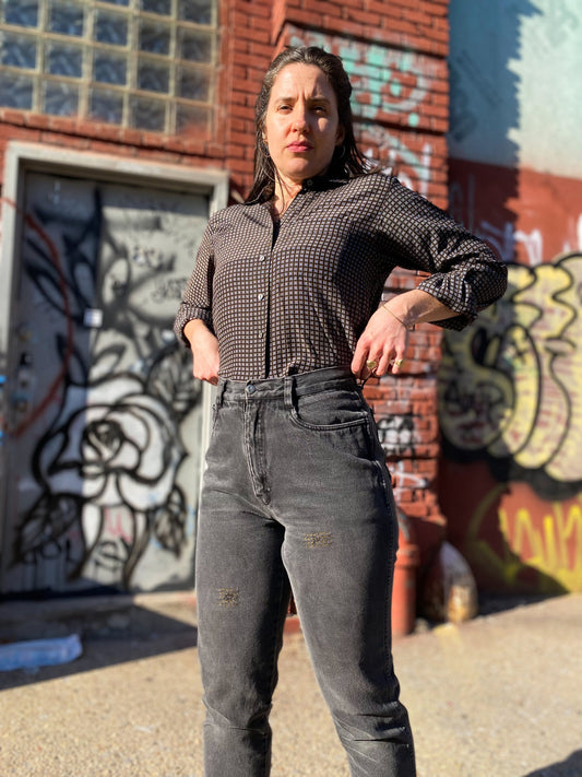 70's/80's YSL Black Patterned Blouse | XS/S