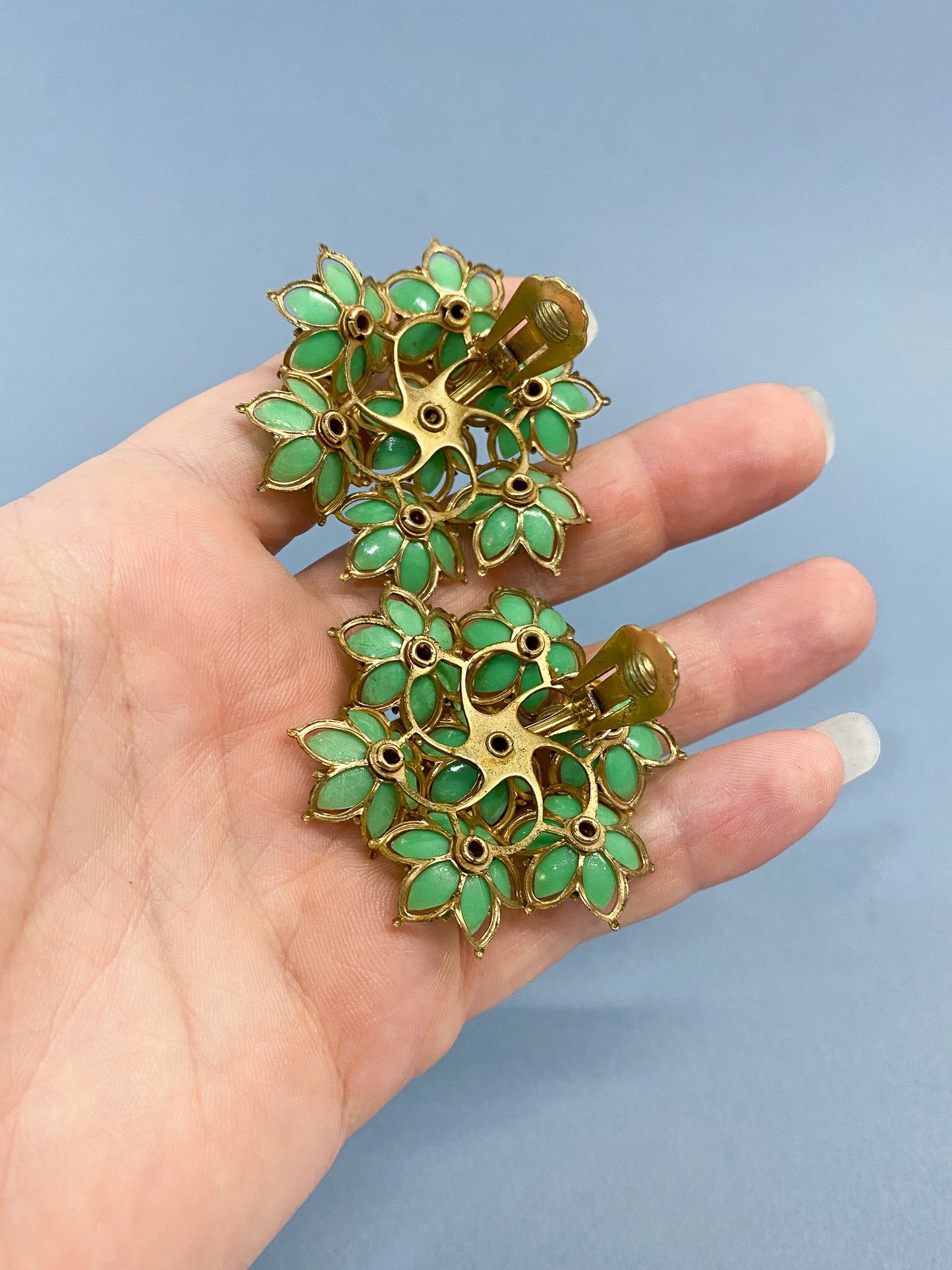 50's Green & Rhinestone Flower Bunches Clip On Earring Shoe Clip
