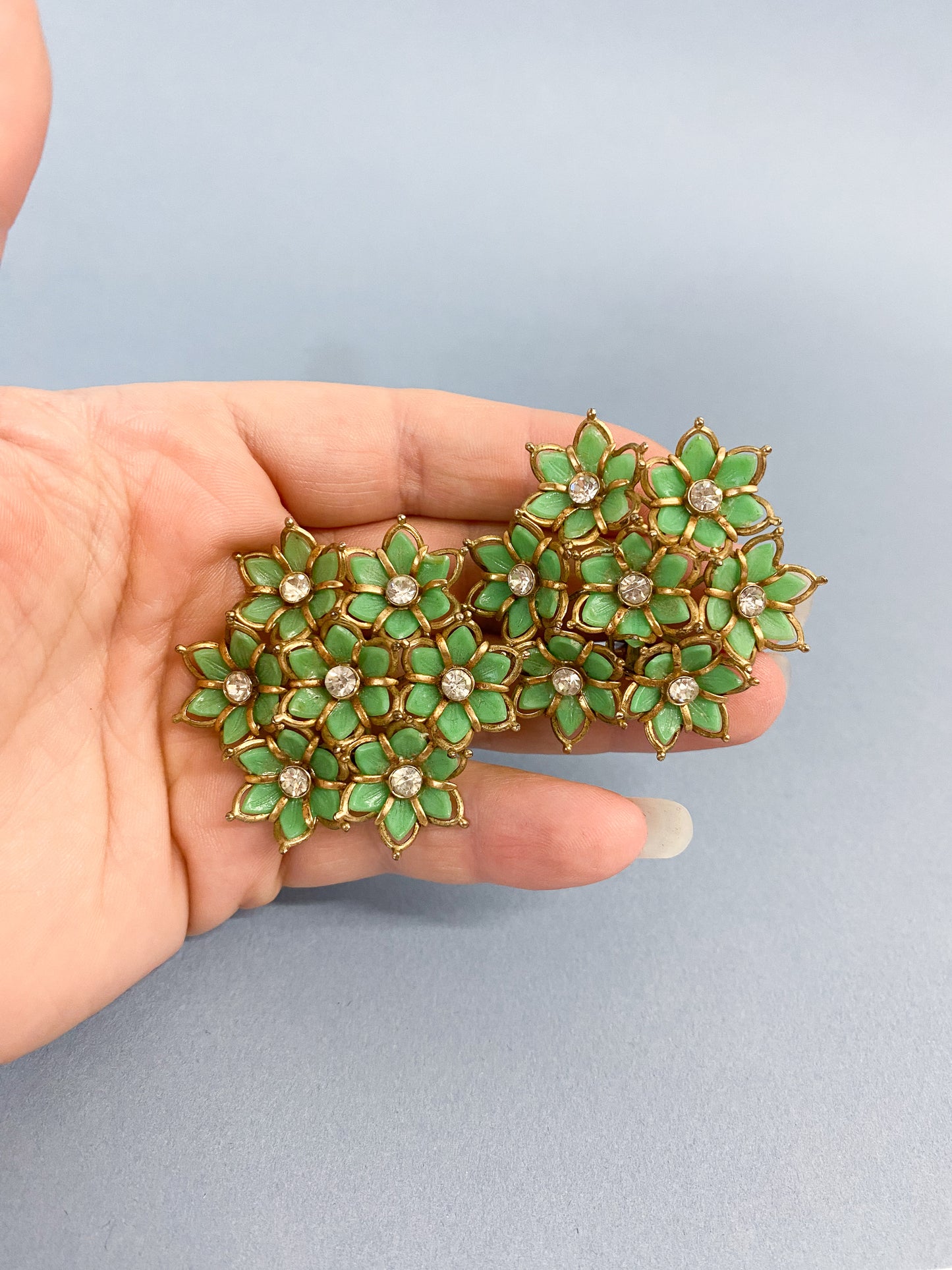 50's Green & Rhinestone Flower Bunches Clip On Earring Shoe Clip