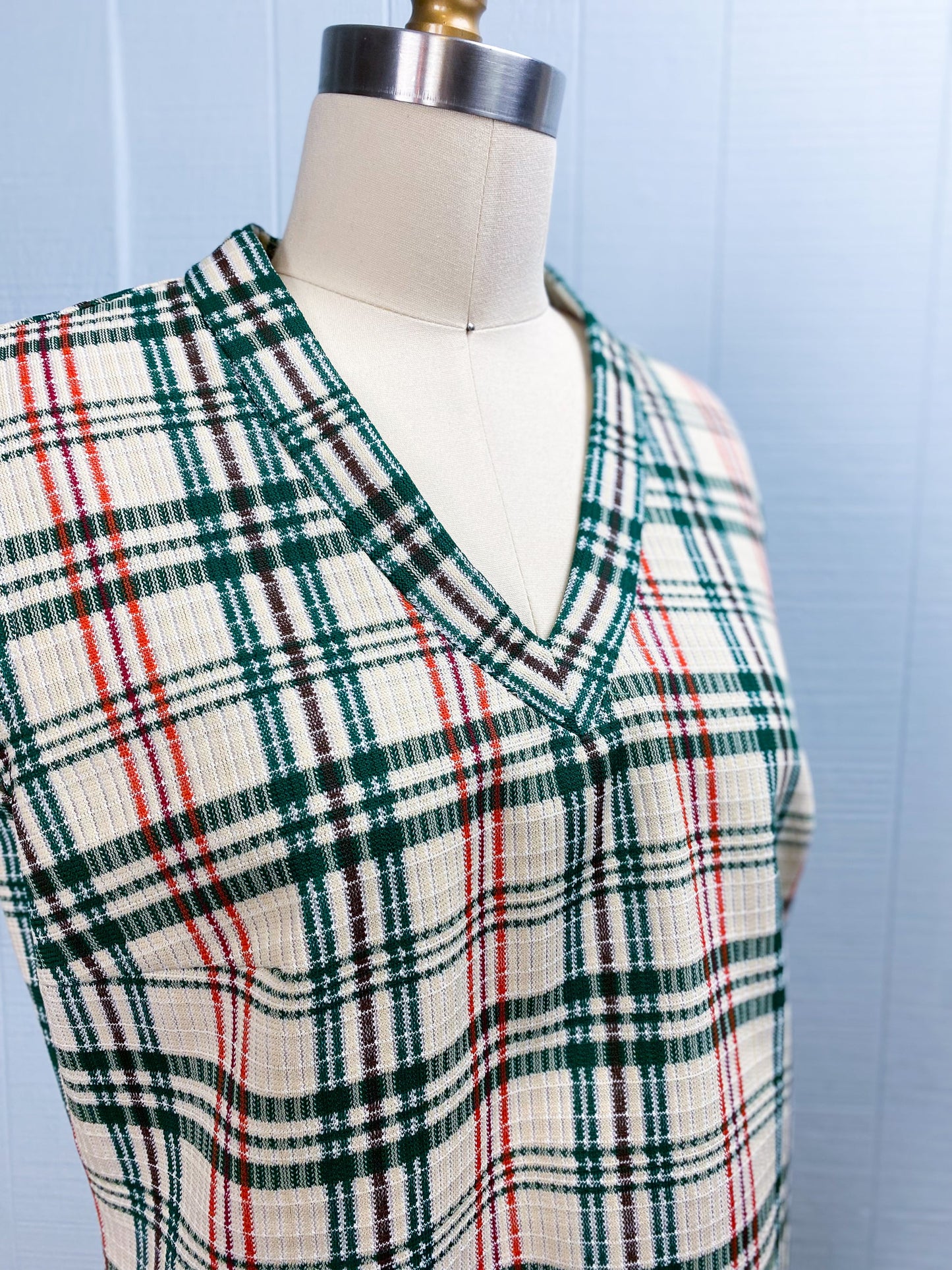 70's Cream Green Orange Plaid V Neck Poly Vest | L