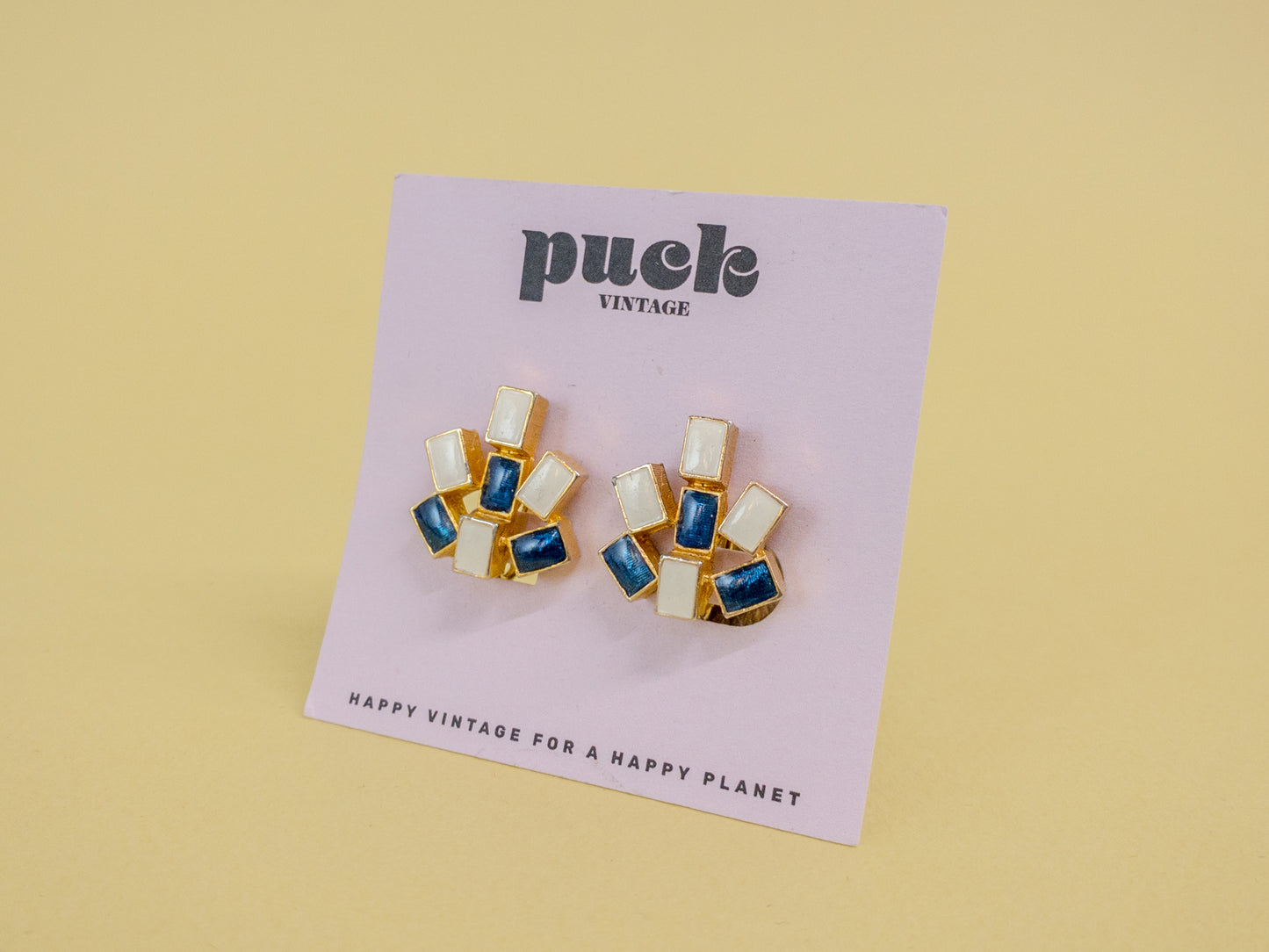 80's White Navy Blue Enamel Gold Screw Back Clip On Earrings