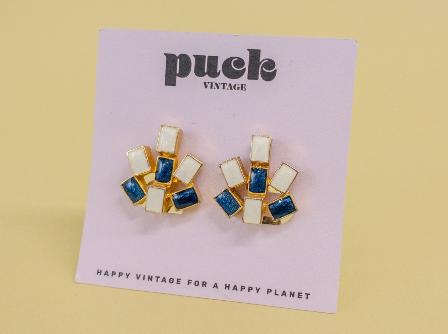 80's White Navy Blue Enamel Gold Screw Back Clip On Earrings