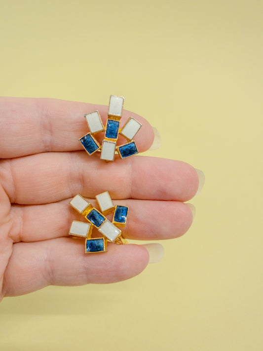 80's White Navy Blue Enamel Gold Screw Back Clip On Earrings