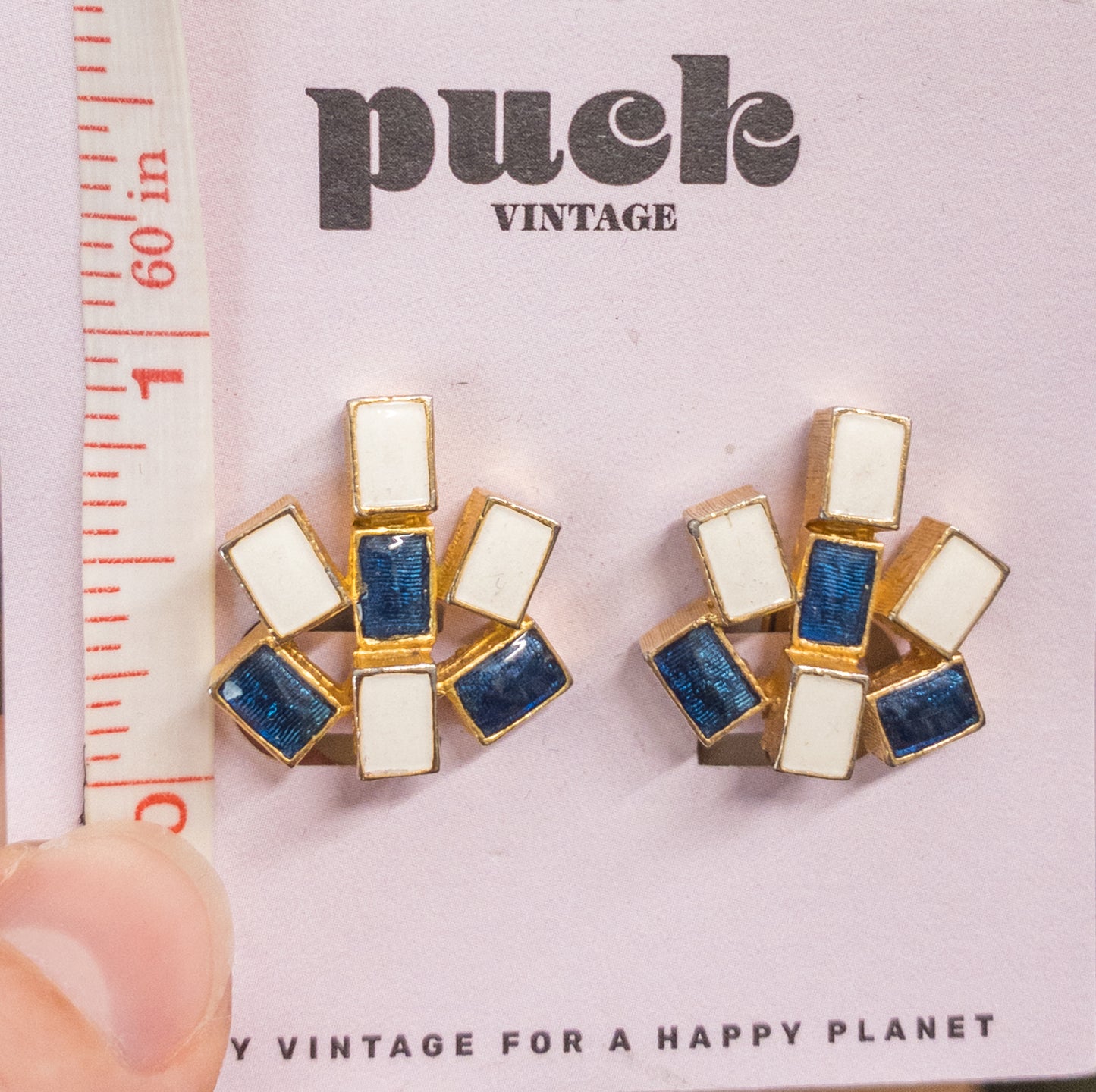 80's White Navy Blue Enamel Gold Screw Back Clip On Earrings